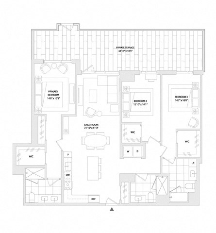 Floor plan for 3 beds, 3 baths, 1634 sqft
